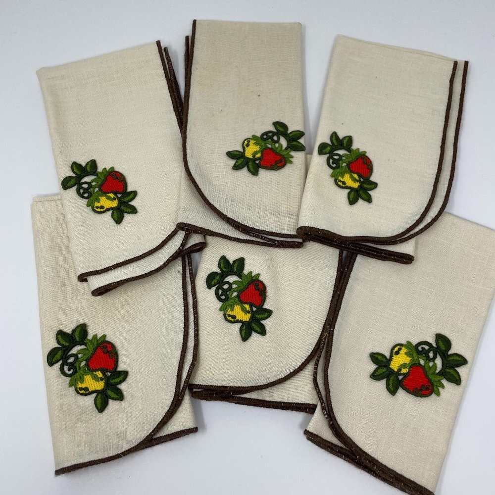 Vintage Embroidered Red Yellow Strawberry Napkins